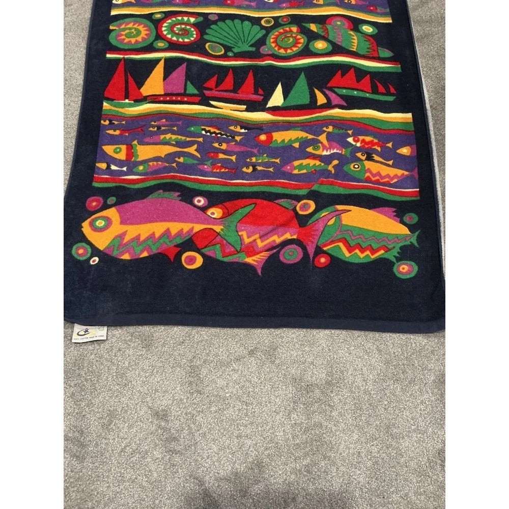 Vintage Beach Towel Featuring A Colorful Tropical Fish and Sailboat Design